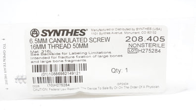 Synthes 208.405 6.5mm Cannulated Screw 16mm Thread 50mm